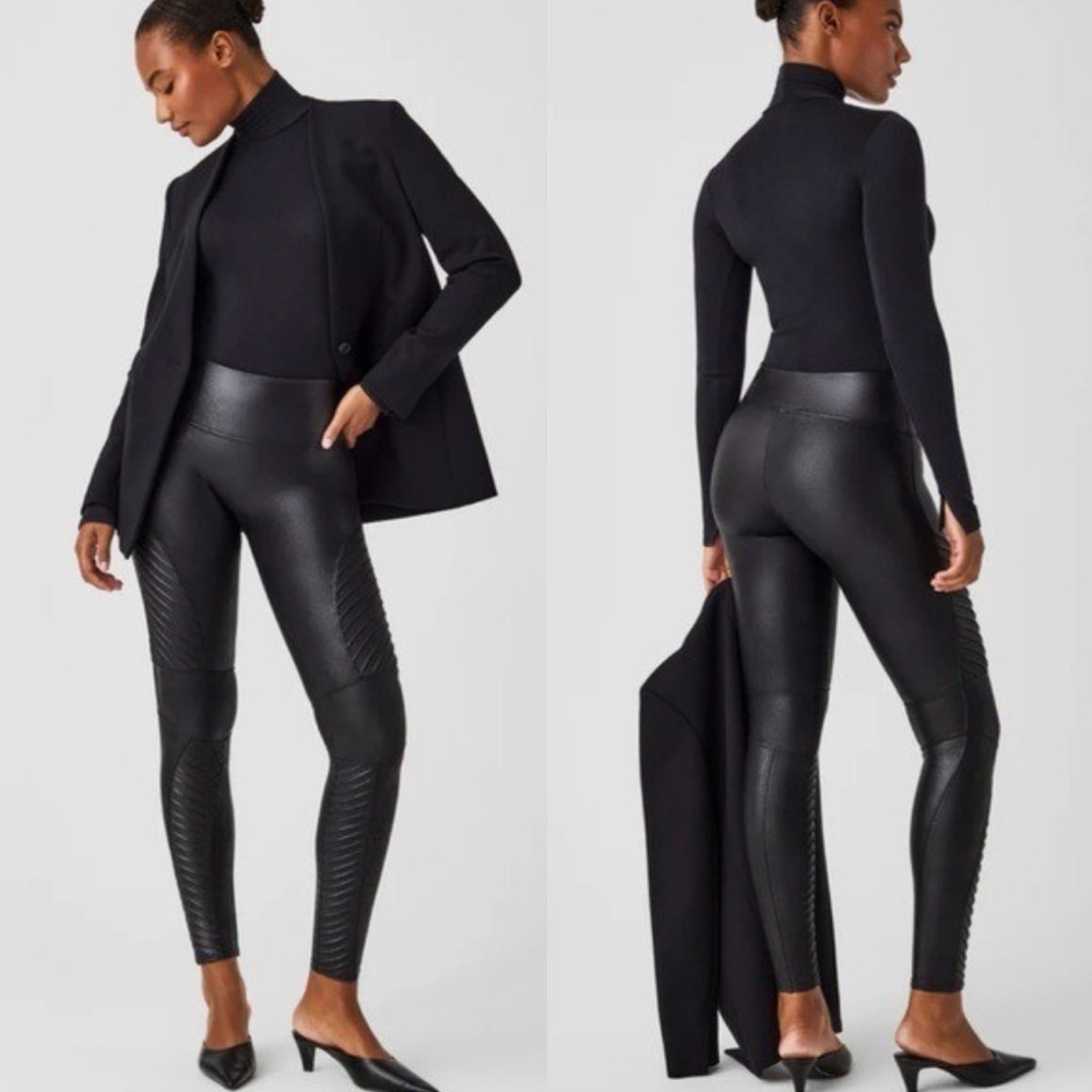 Spanx Faux Leather Moto Shapewear Black Sexy Leggings Size XL